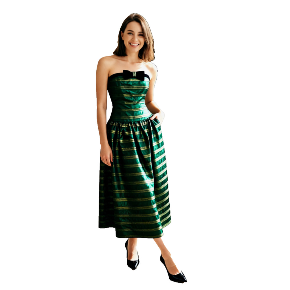 Vintage Joan Leslie Evening Green Gold Black Strapless Tartan Dress 8